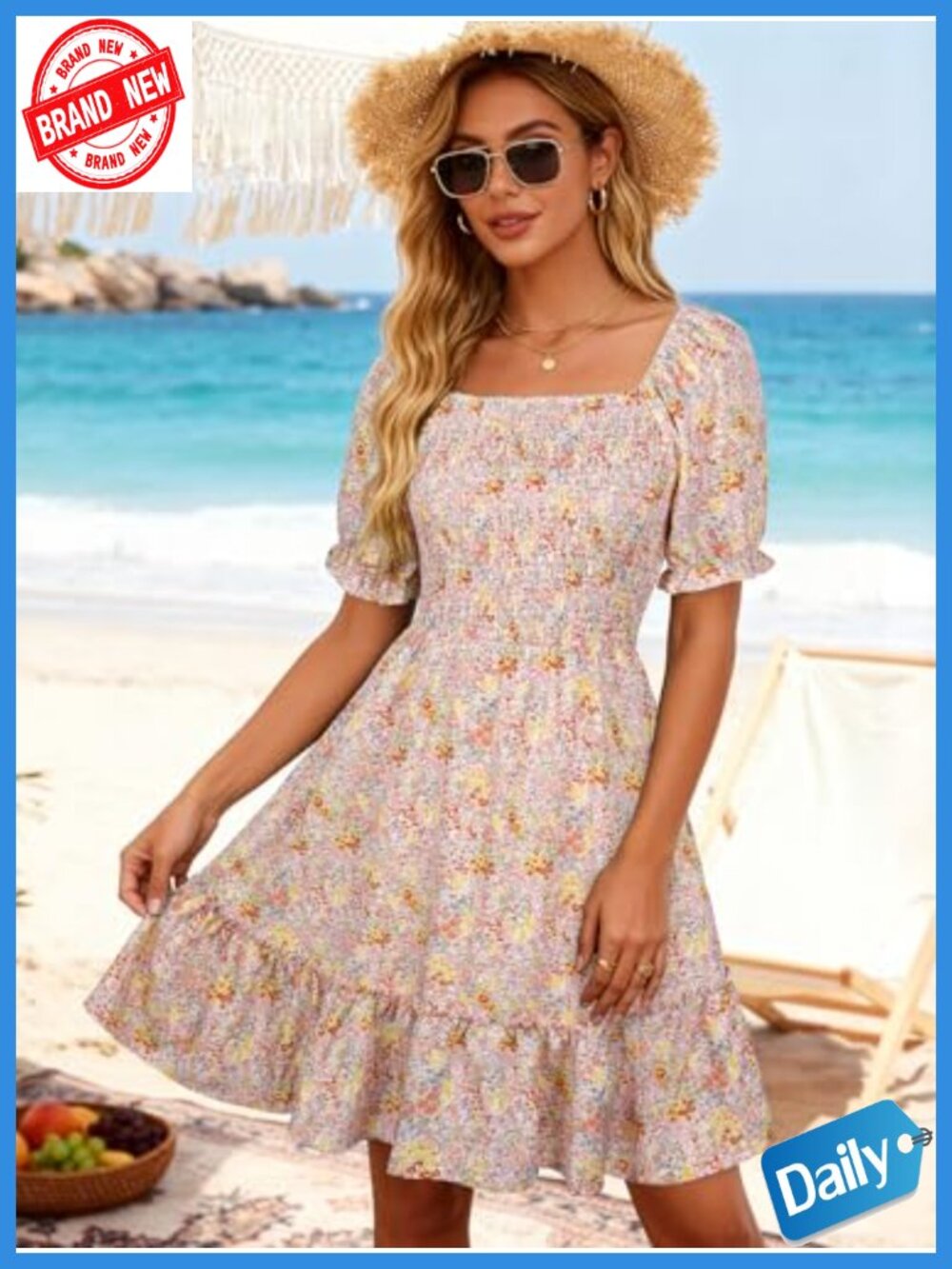 Square Neck Short Sleeve Smocked Sun Dress with Pockets Ruffle Boho - Picture 4 of 6